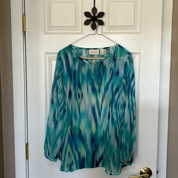 Chico’s Multi Color Sheer Tunic Top with Long Sleeves Womens size 10 (1) - Picture 1 of 9